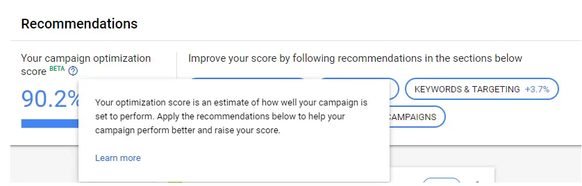 Removal and replacement of columns in Google Ads 4 optimisation score