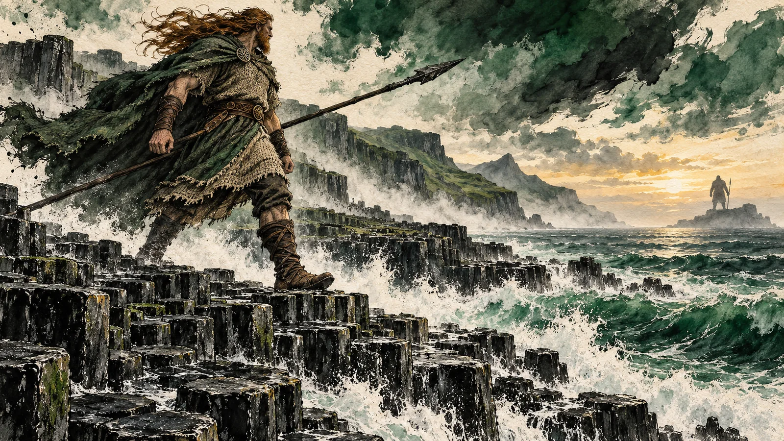 Illustration of a giant Fionn striding over basalt columns towards a distant giant across the sea.