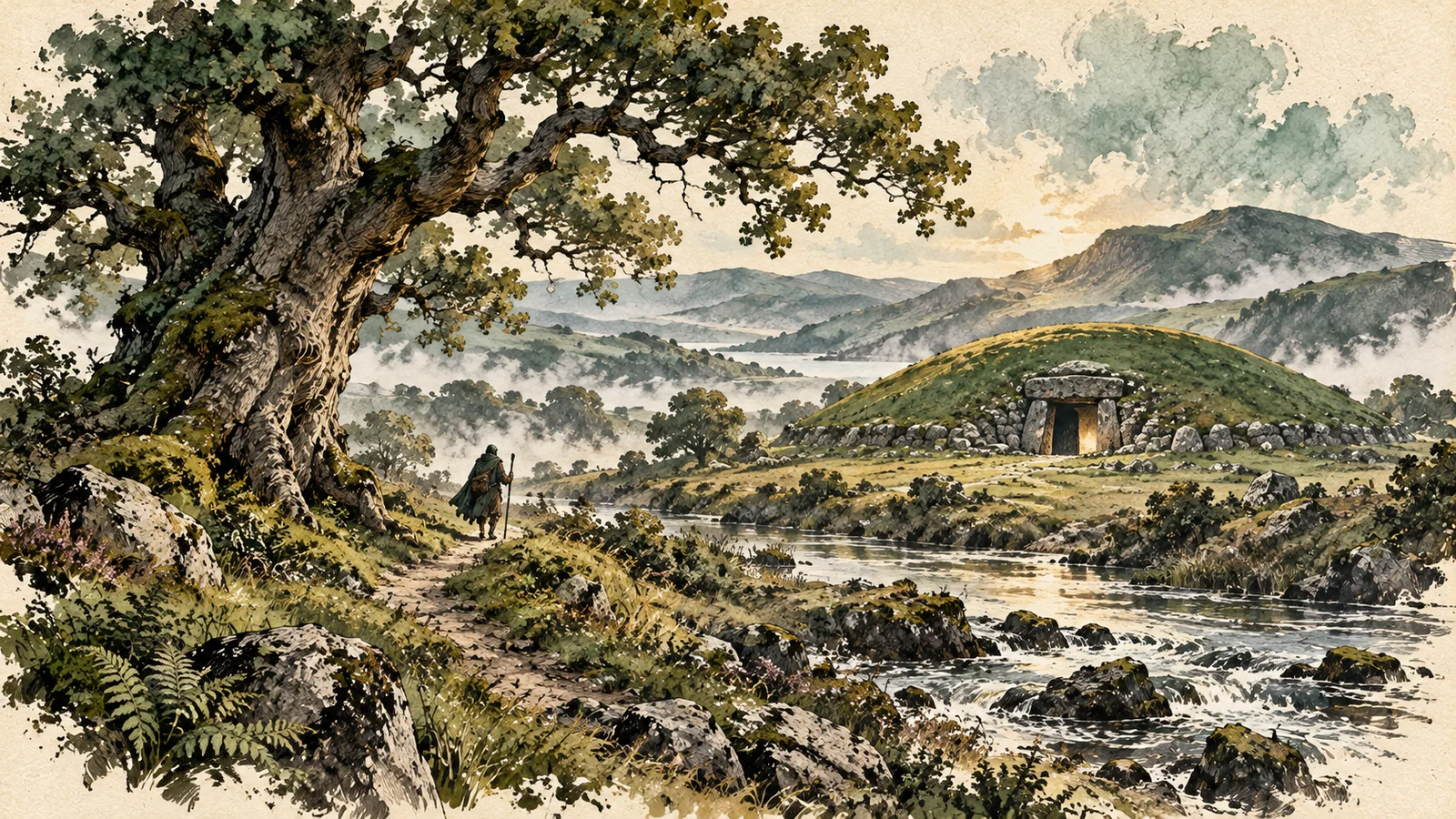 Illustration of a traveller beside an oak and river, looking towards a grass-covered mound in a misty landscape.