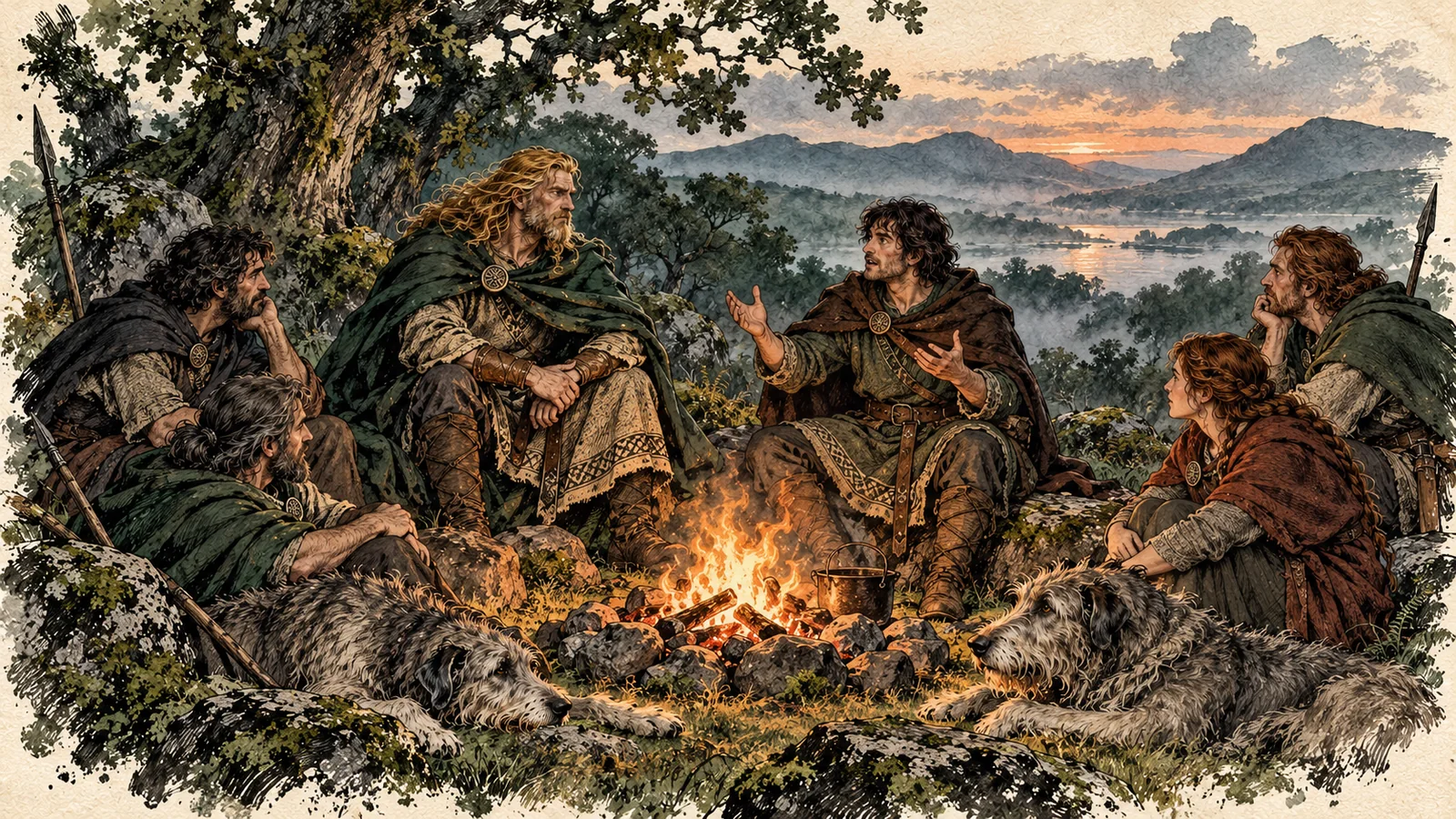 Illustration of Fionn and his companions listening to a storyteller around a woodland fire, with two resting wolfhounds.